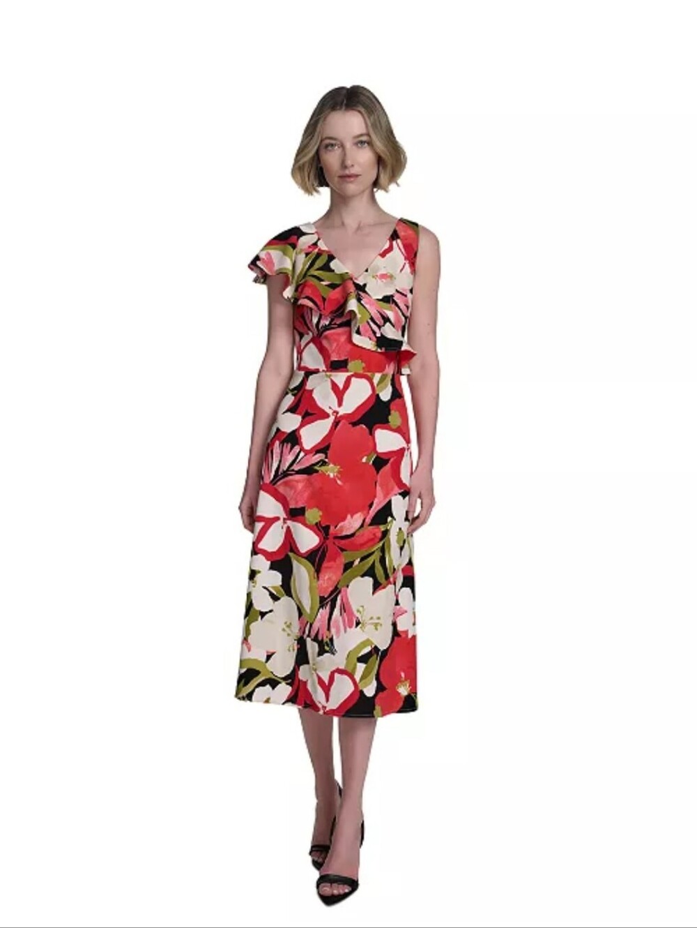 NWT Halston Floral Dress 14 Pink Black Ruffle One Shoulder Wedding Guest $144